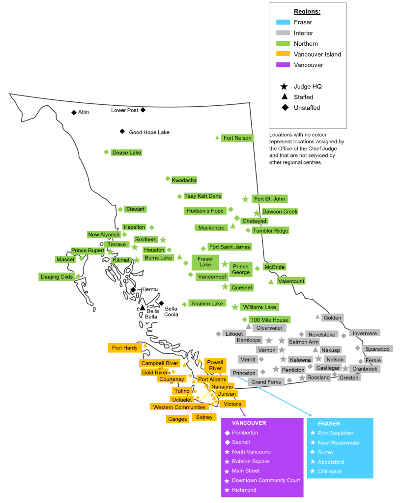 BC Courthouse locations on map of BC.