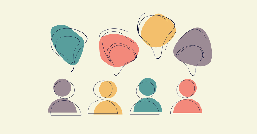 Simple outlines of 4 people with speech bubbles above their heads